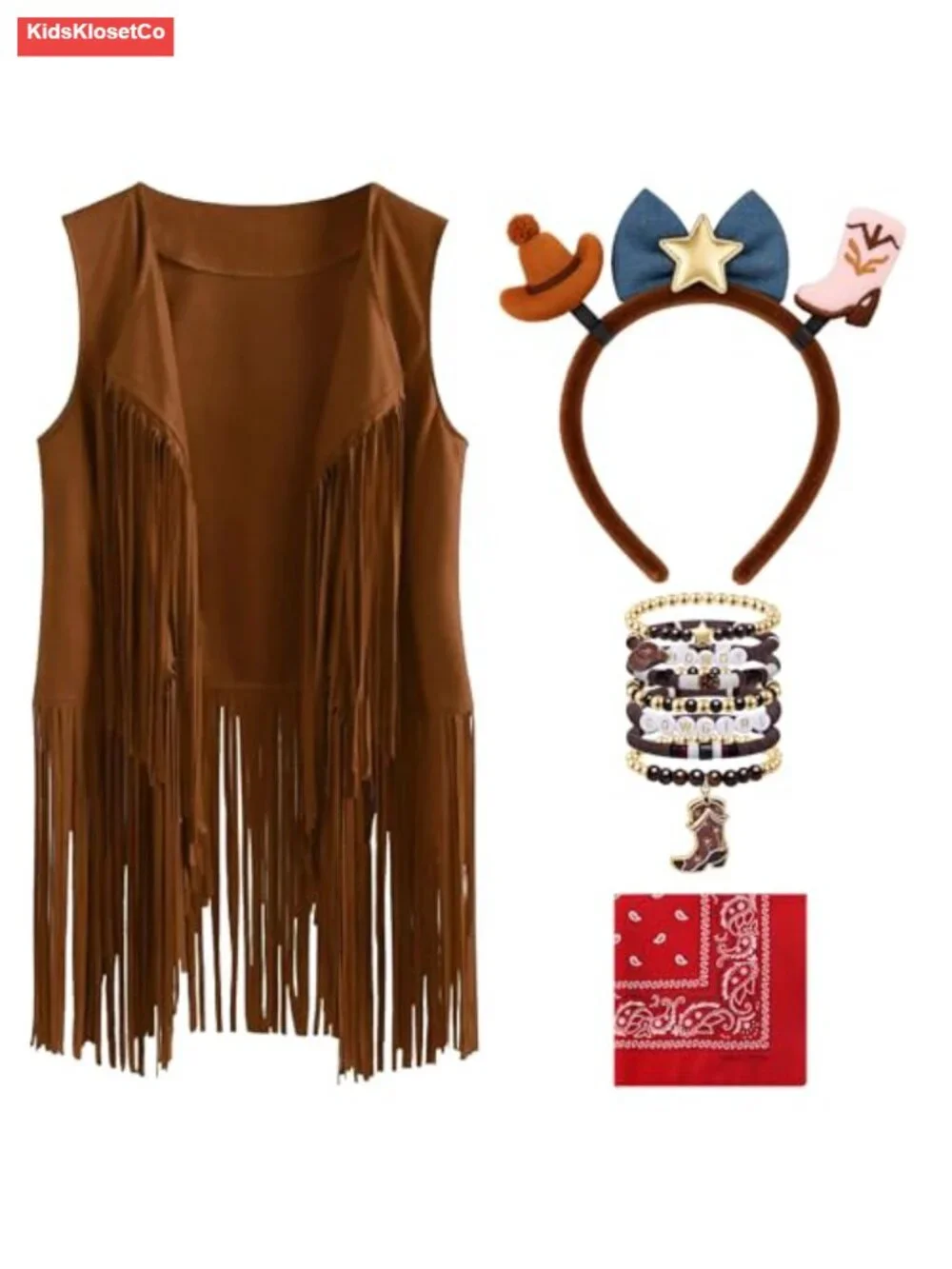 4pc Faux Suede Cowgirl Costume Set - Fringed Vest, Headband, Bracelet & Bandana